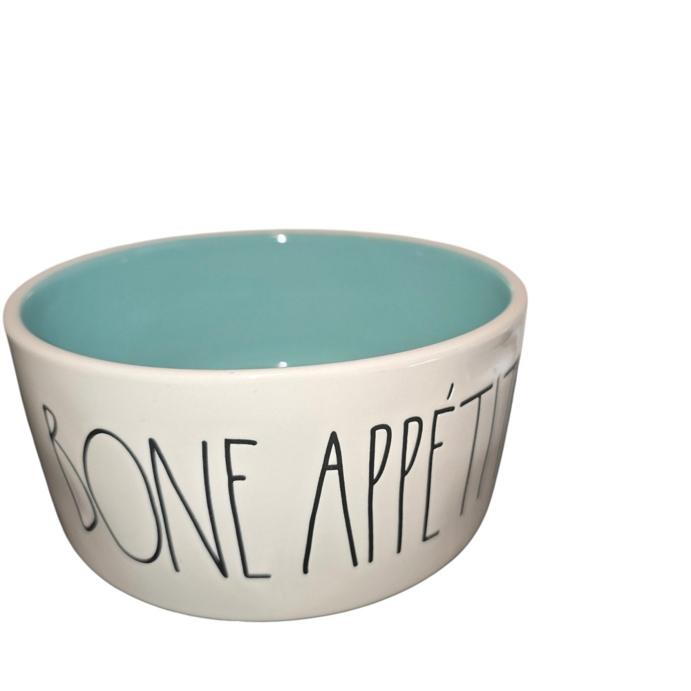Rae Dunn Bone Appetit Ceramic Pet Bowl Turquoise Interior White Stoneware 6in